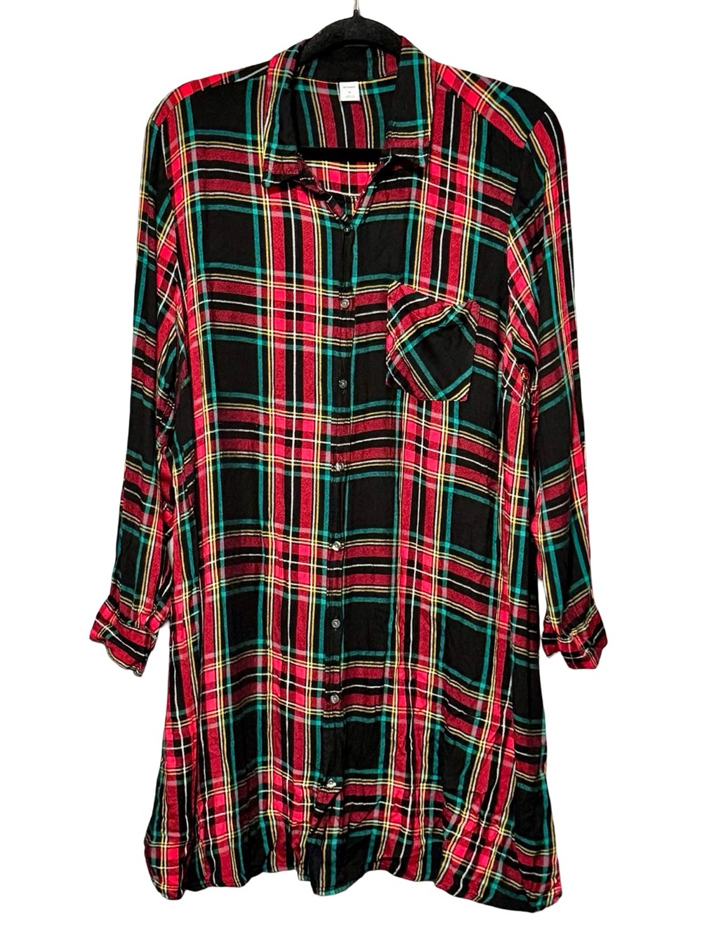 Old Navy Black, Red & Green Tartan Plaid Button-Down Long Sleeve Tunic Blouse